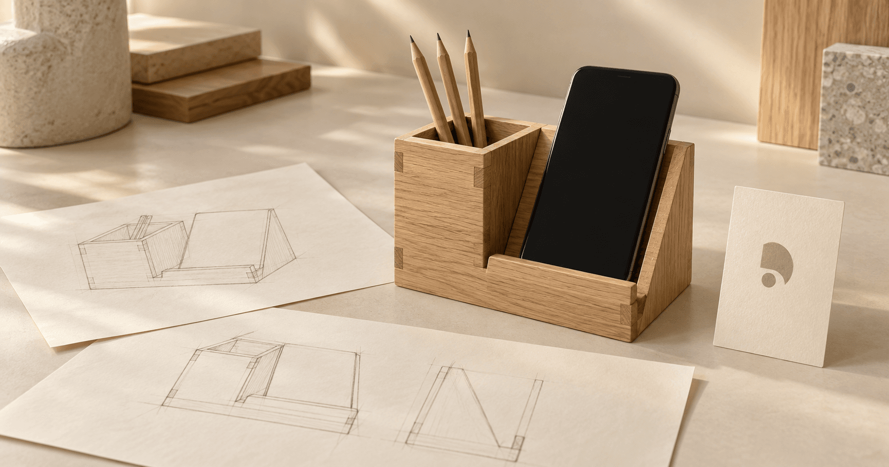 منظم مكتبي خشبي بحجرة أقلام وحامل هاتف بجوار رسومات تصميم رمزية وبطاقة علامة هندسية